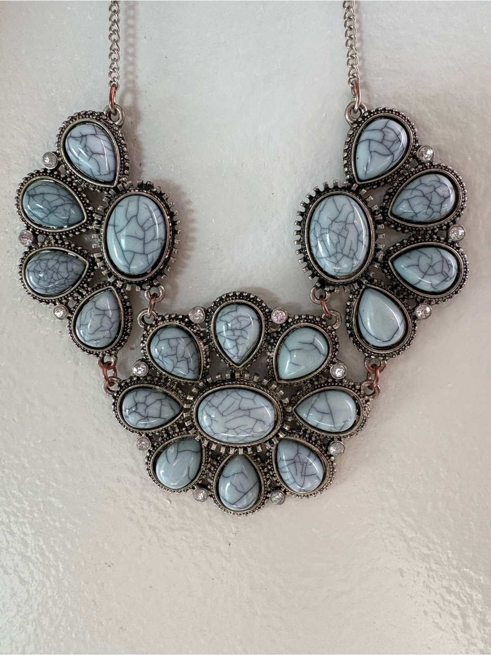Statement Torquoise, Crystals and Silver Fashion Necklace